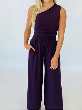 Eldridge Plus XL One-Shoulder Dark Purple/Plum Jumpsuit, Wide-leg, Wedding NWOT